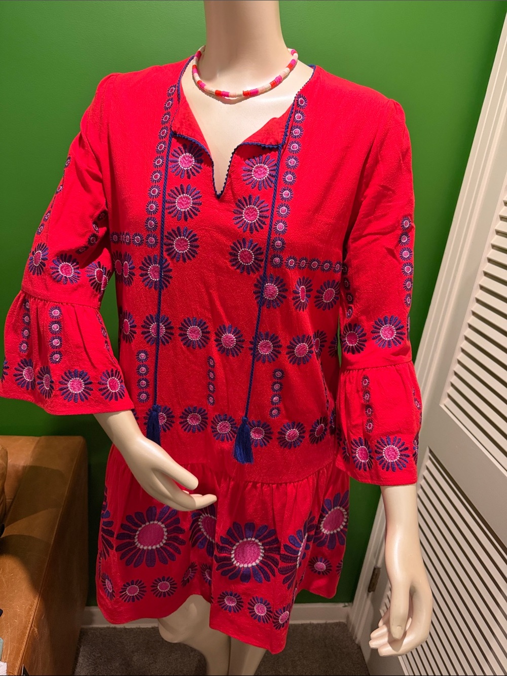 Tyler Boe Red & Purple Embroidered cotton boho Mini Dress